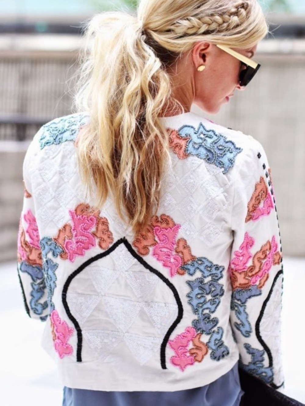 ASOS White Open-Front Embroidered Beaded Jacket with Pink & Blue Accents
